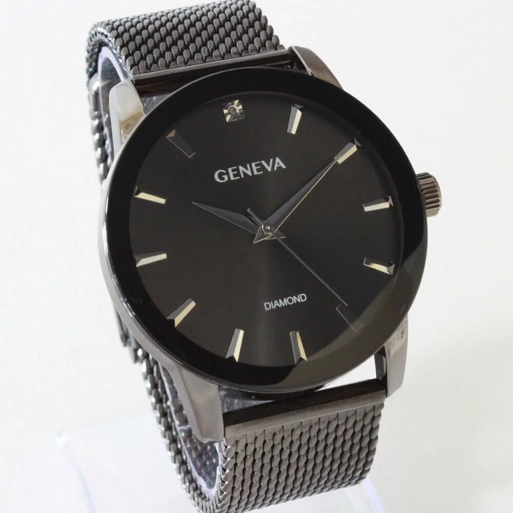 Geneva Men's Dress Watch Gun Metal Finish Diamond At 12 Milanese Bracelet 42mm